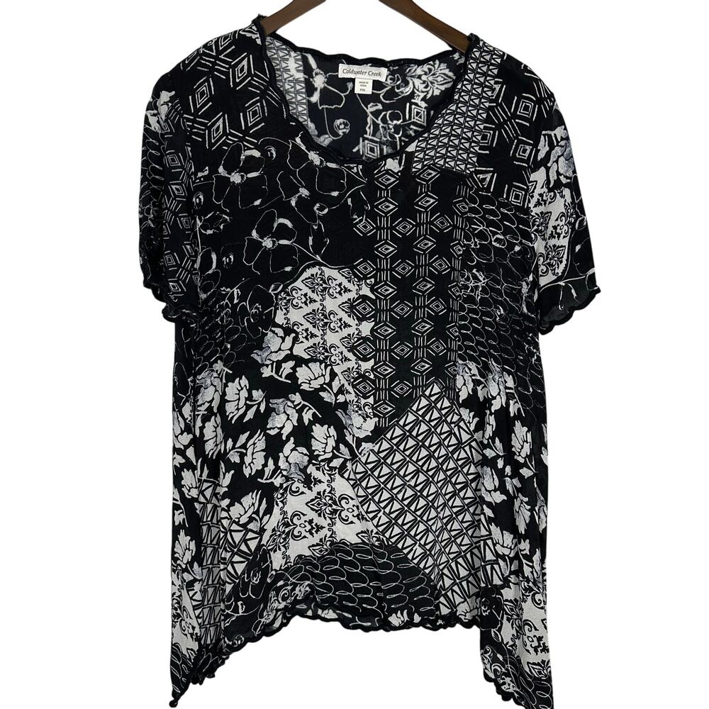 Coldwater Creek Black White Colorblock Print Top Short‎ Sleeves Sz PXL Cruise